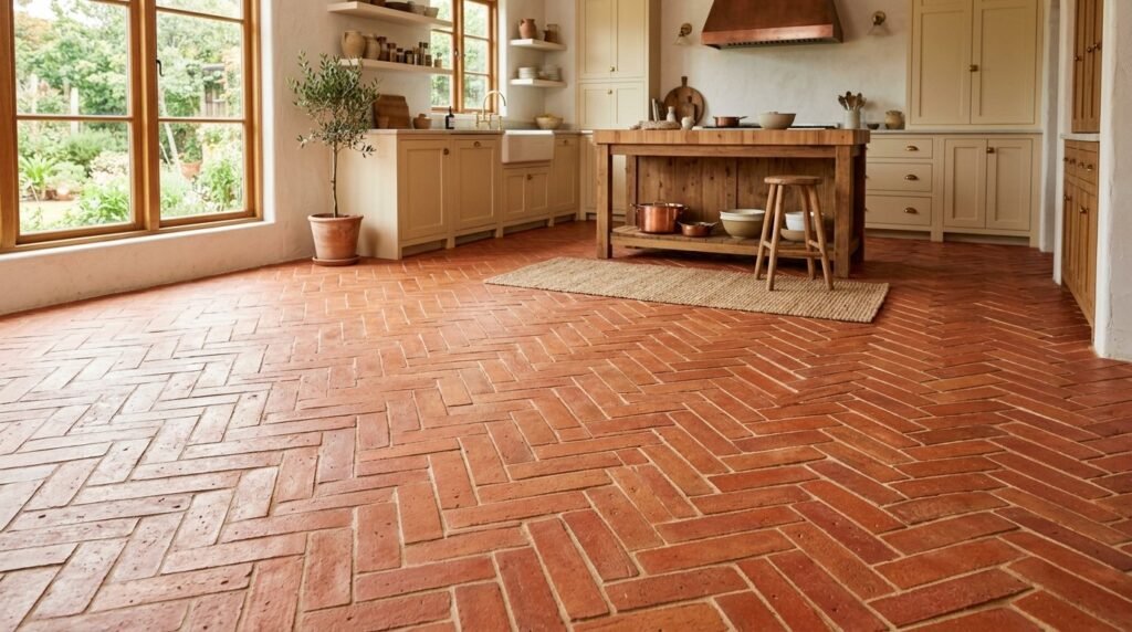Close up shot of warm textured terracotta floor tiles in a bright modern home setting