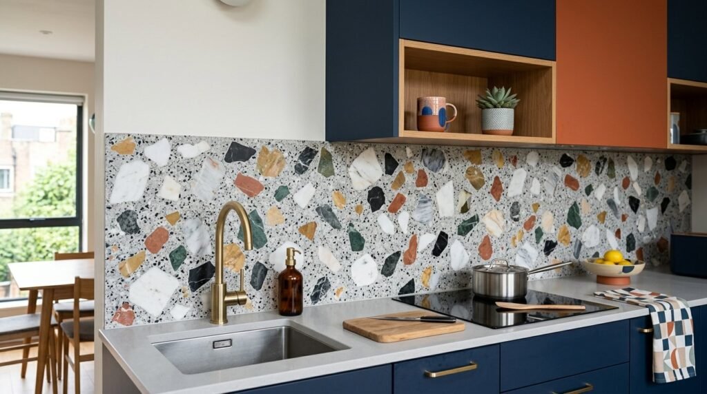 Close-up of a modern terrazzo stone slab backsplash in a contemporary kitchen.