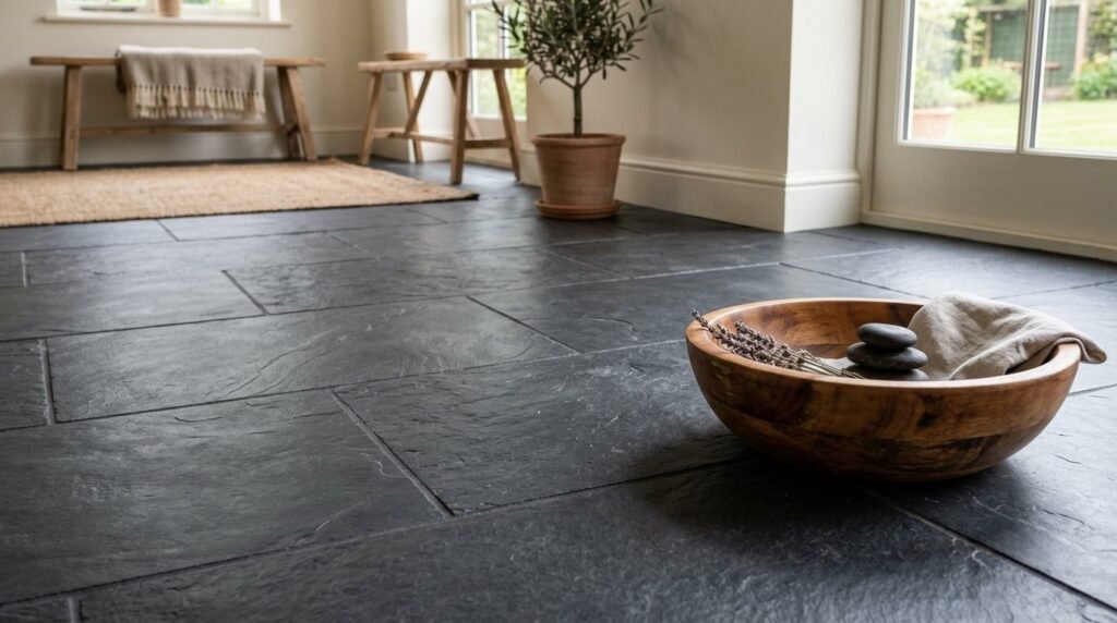 Close up view of natural black slate stone tiles with deep texture and elegant dark grey tones.