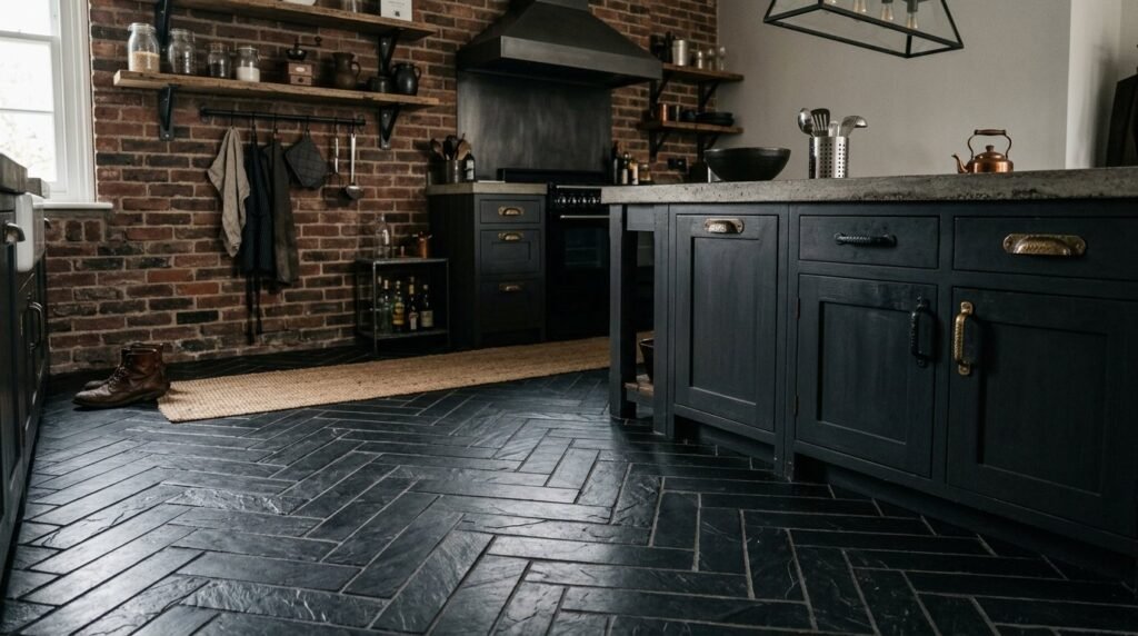 A close-up shot of elegant black slate stone tiles with natural texture and subtle grey undertones.