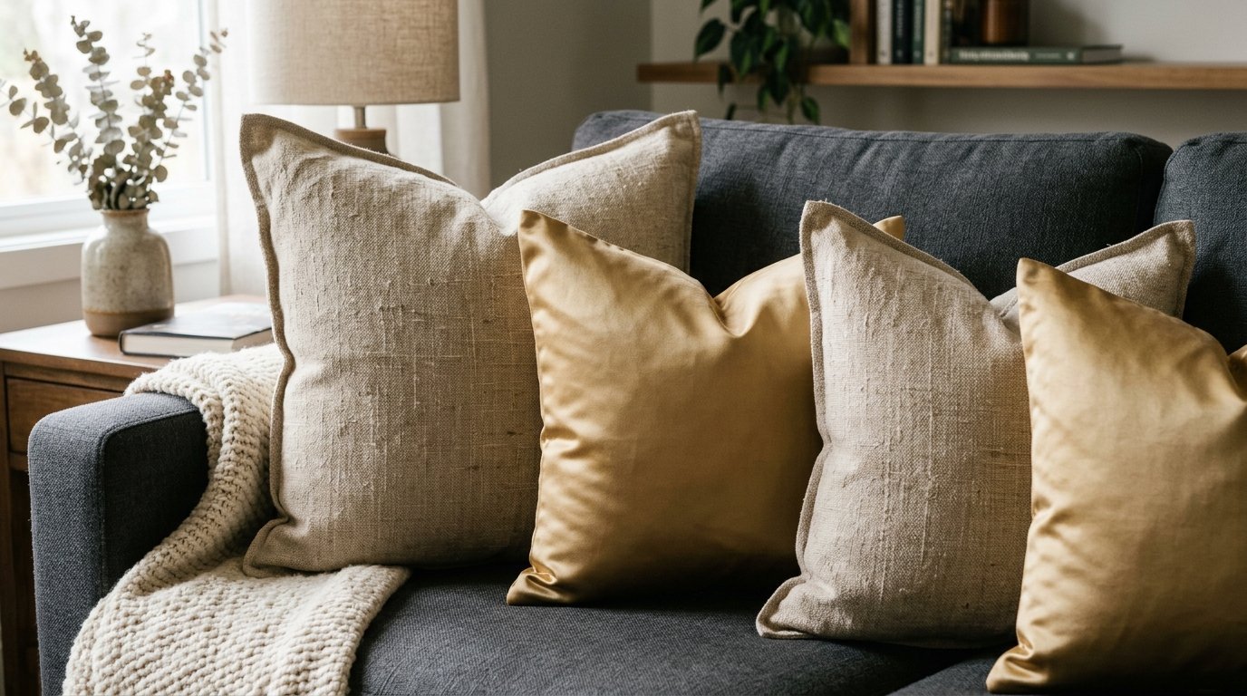 Close up of neutral linen and gold satin cushions styled on a dark grey couch with a cream knit blanket.