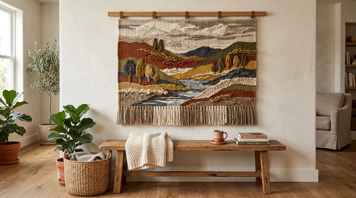 A woven wall hanging depicting a nature scene with hills and a river, displayed over a wooden bench with books and a mug.