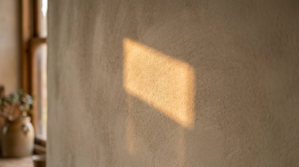 A detailed close up view of a rustic lime washed wall with natural textures.