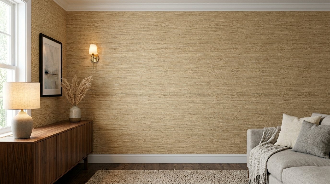 Tan woven texture wallpaper on a living room wall with wood credenza, lamp, and neutral sofa.