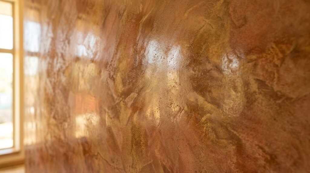 A close-up view of a beautifully textured Venetian plaster wall with subtle color variations.