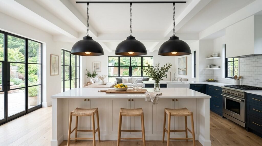 A stylish arrangement of three minimalist black pendant lights hanging in a modern home interior.