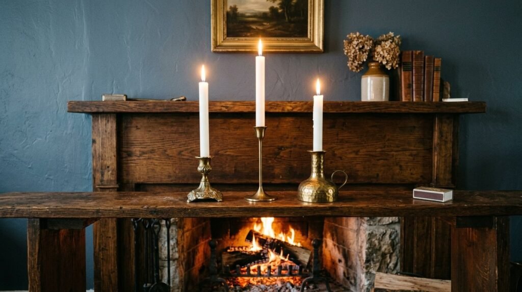Three polished brass candle holders arranged elegantly on a dark rustic wooden table.