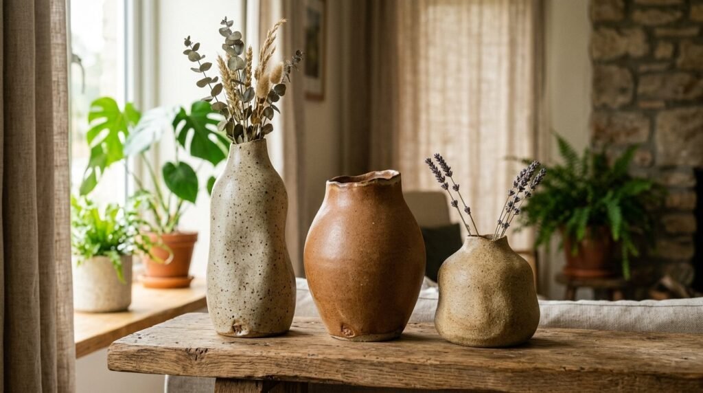 A decorative arrangement of three handcrafted ceramic vases in various sizes against a neutral backdrop.