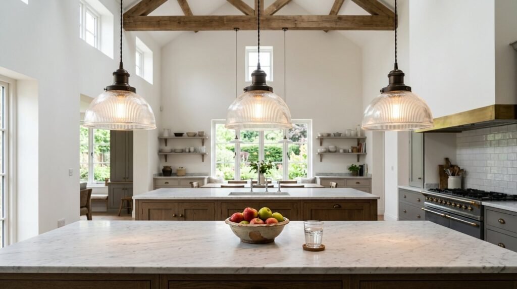 A set of three black industrial style pendant lights hanging in a modern interior space.
