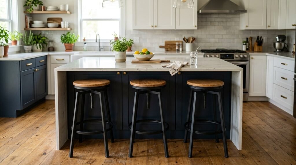 Three elegant modern bar stools lined up neatly at a kitchen island breakfast bar.