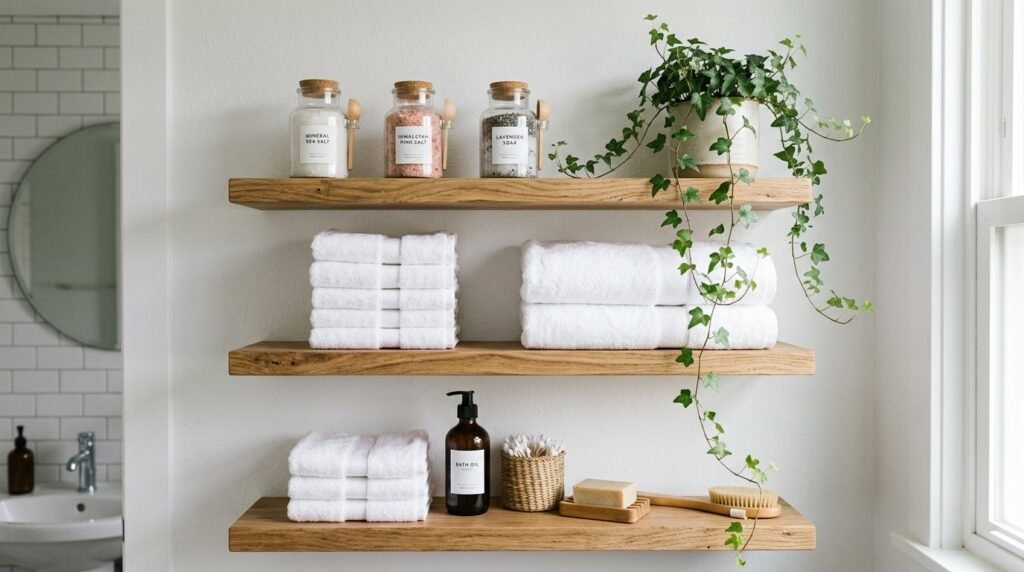 A set of three solid oak floating shelves mounted on a neutral wall.