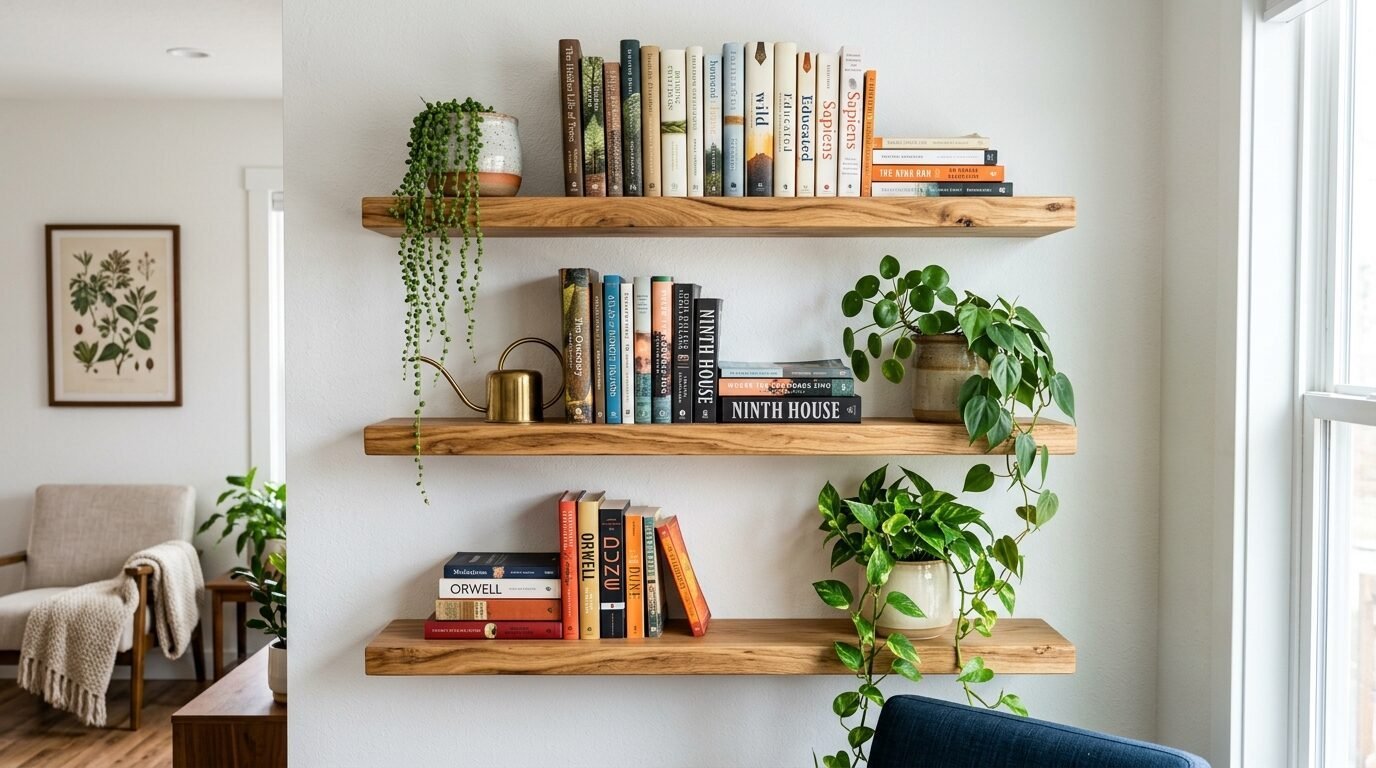 Three floating shelves made of light wood arranged vertically on a wall, decorated with books and potted indoor plants.