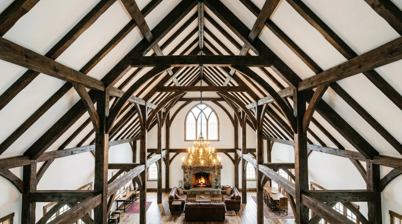 High angle view of a living room with vaulted timber ceilings, stone fireplace, and leather furniture.