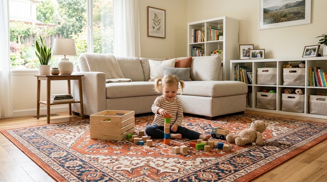 Young child with pigtails sitting on a patterned rug stacking wooden toy blocks near a sofa.