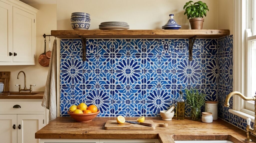 Intricate traditional Moroccan geometric tiles featuring vibrant colors and patterns.