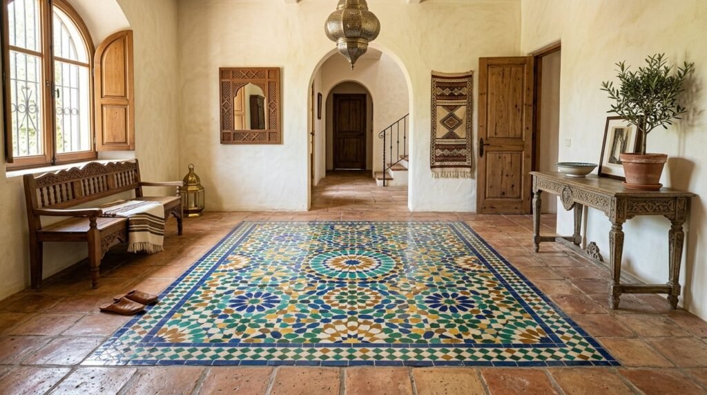 Close up of colorful handcrafted Moroccan Zellige tiles arranged in a geometric mosaic pattern.