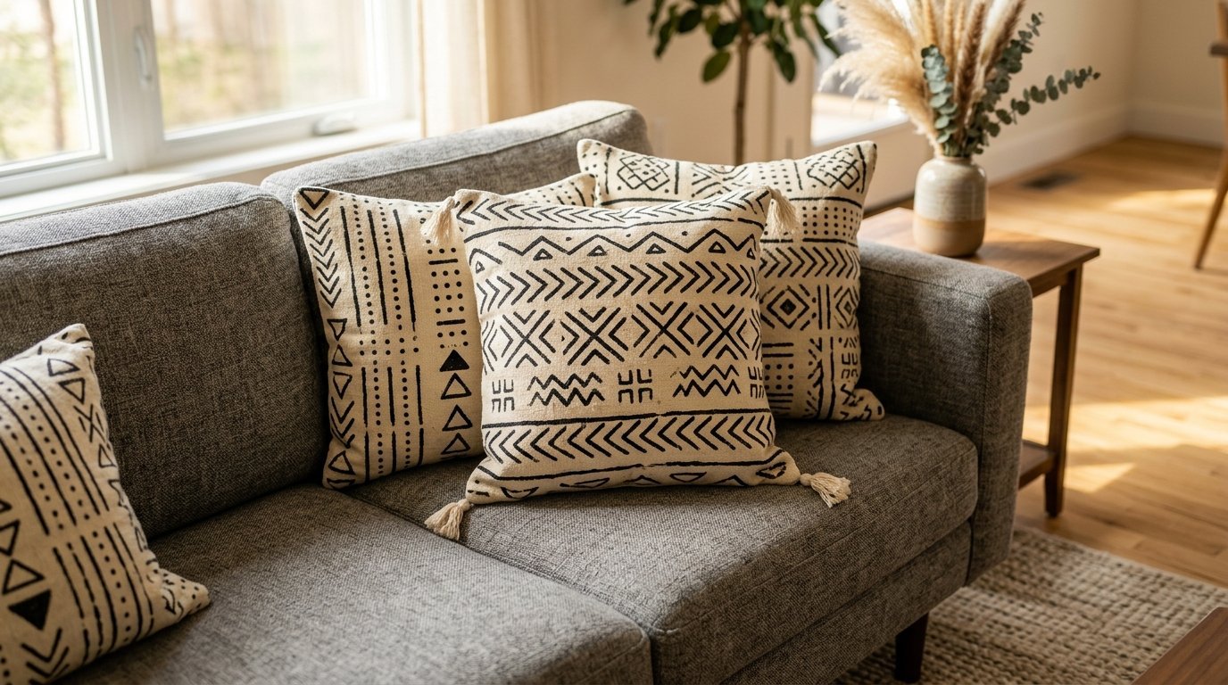 Close-up of cream-colored pillows with black geometric mudcloth prints and small corner tassels resting on a grey couch.