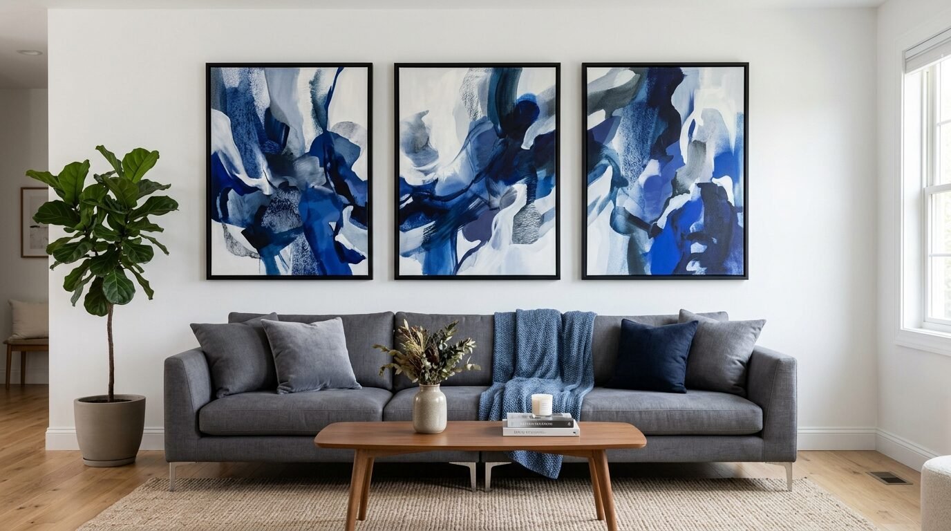 Modern living room with a grey sofa and a set of three framed blue abstract prints on a white wall.