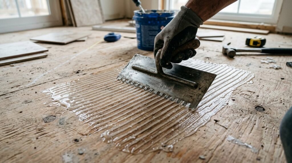 Close-up of a construction worker using a notched trowel to spread adhesive mortar on a floor.