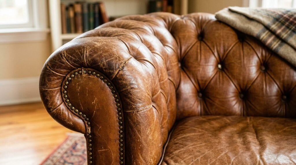 Luxurious tufted cognac leather armchair with rich texture in a well-lit living room.