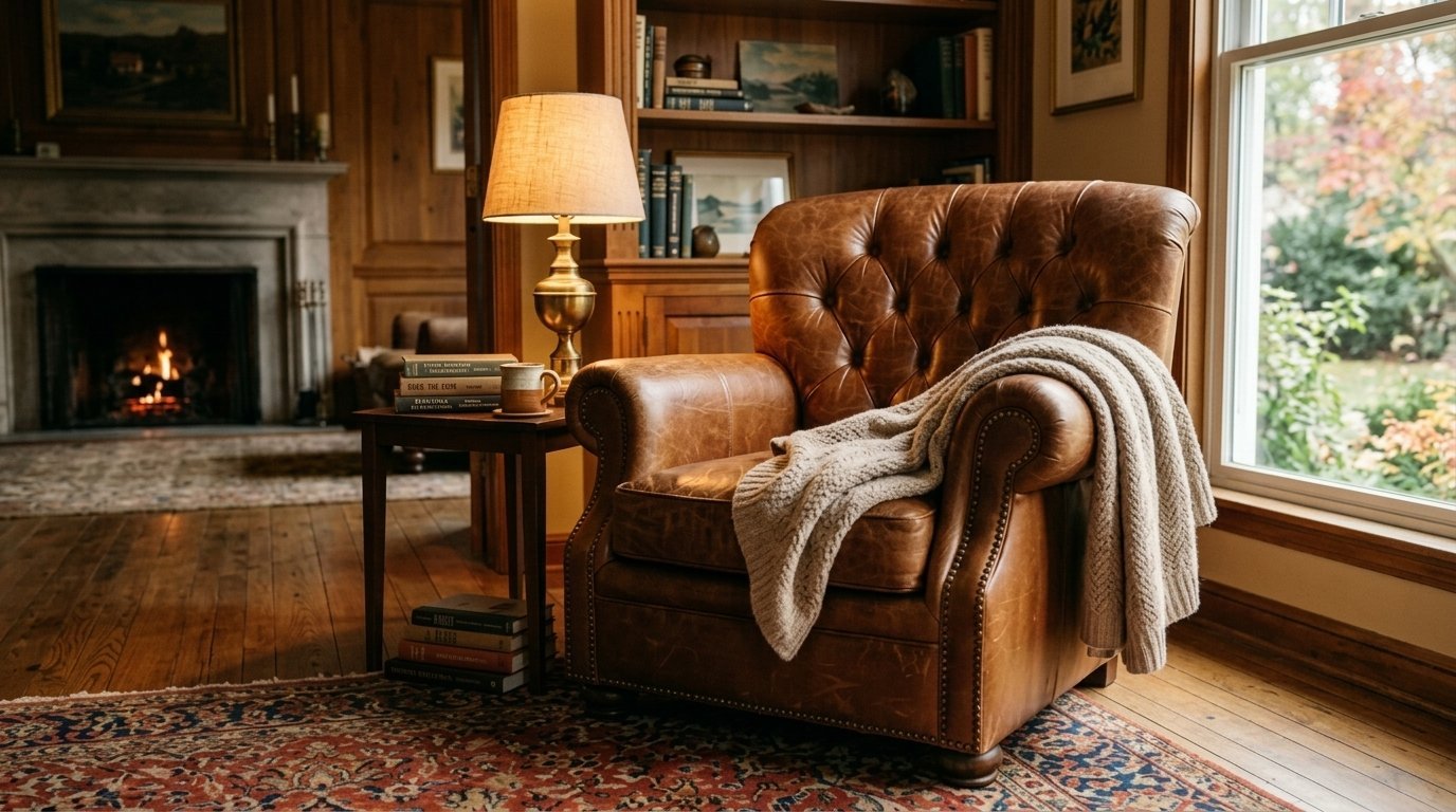 Brown leather tufted club chair with a knit throw blanket in a room with a fireplace and wood bookshelves.