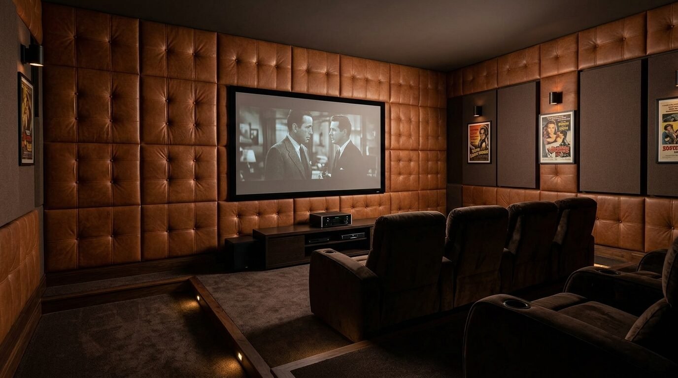 Private media room with plush recliners, a large screen, and vintage movie posters on button-tufted walls.
