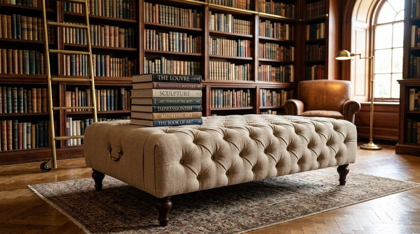A beige button-tufted ottoman sits on a patterned rug in a library featuring full wooden bookshelves and a rolling ladder.