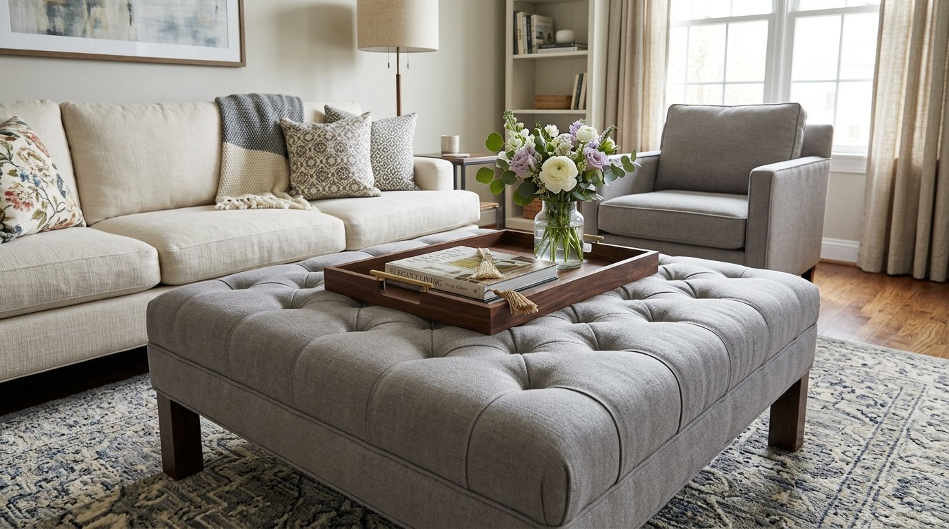 Large square button-tufted grey ottoman with a wooden serving tray holding a vase of flowers and a book.