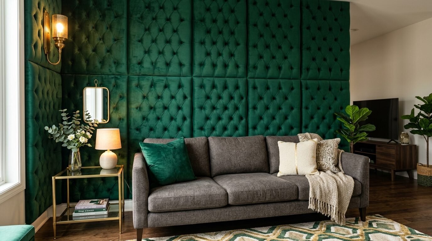 Grey couch placed in front of a floor-to-ceiling emerald velvet tufted feature wall.