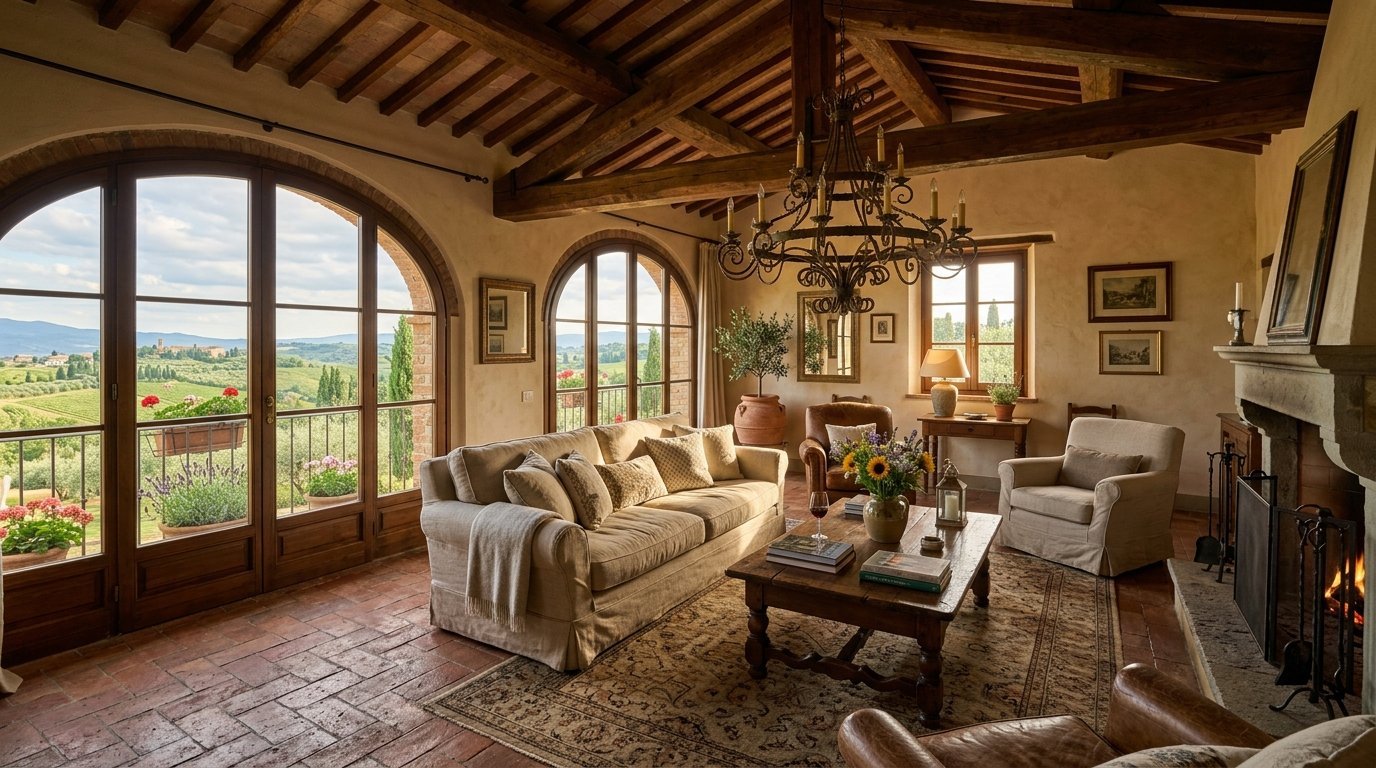 Rustic living room with arched glass doors overlooking a green Italian landscape, featuring a stone fireplace.