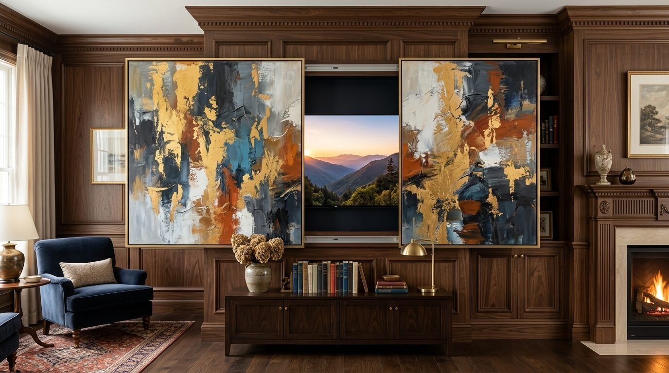 Large golden abstract art panels slide apart to show a landscape TV screen in a wood paneled home library.