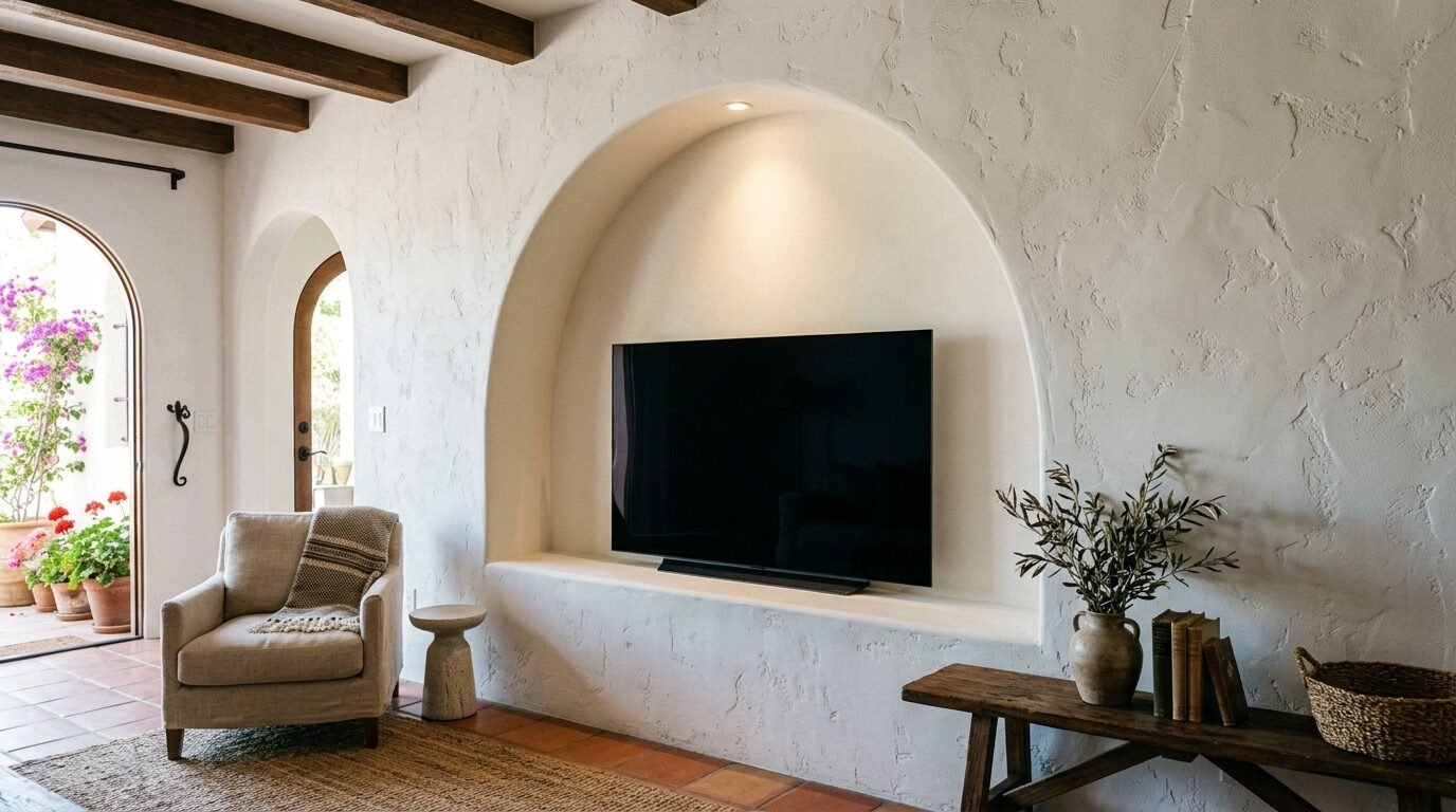 Modern flatscreen TV recessed into a Mediterranean style white wall niche in a living room.