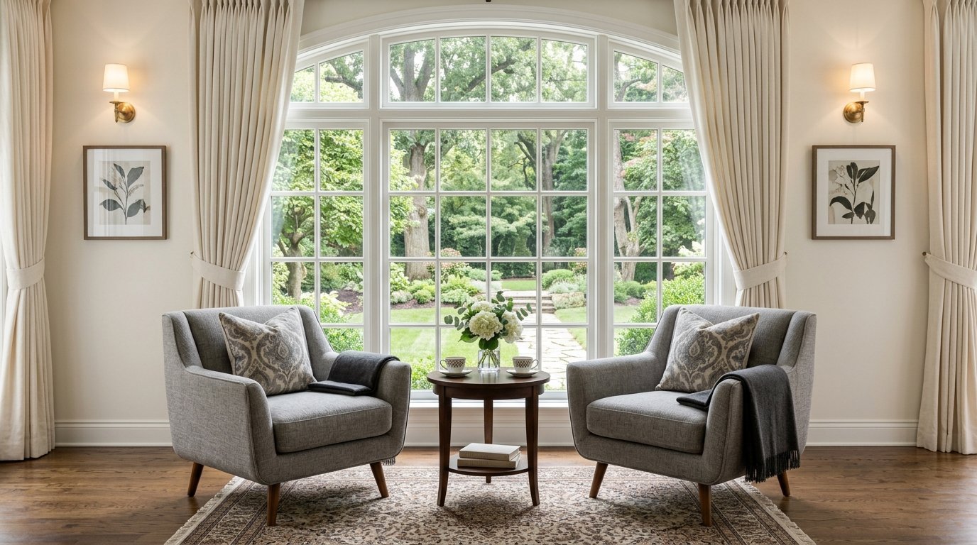 Two gray armchairs sit on an area rug in front of a large arched window overlooking a lush green garden.