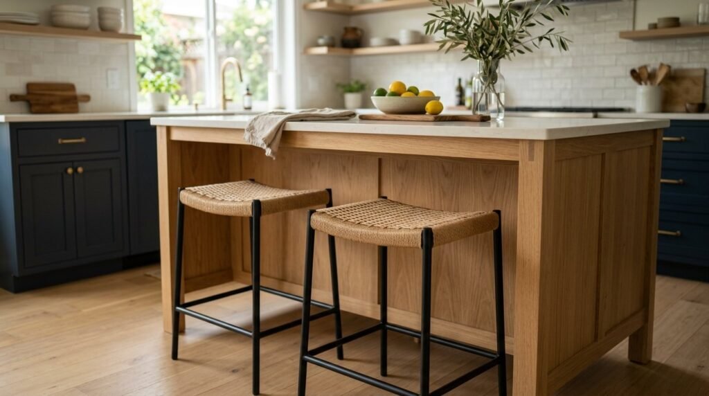 Two elegant bar stools positioned at a modern kitchen island counter.
