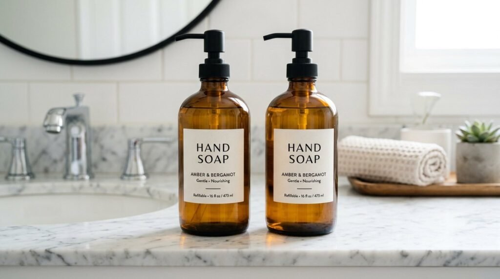 Two matching soap dispensers placed side by side on a clean bathroom countertop.