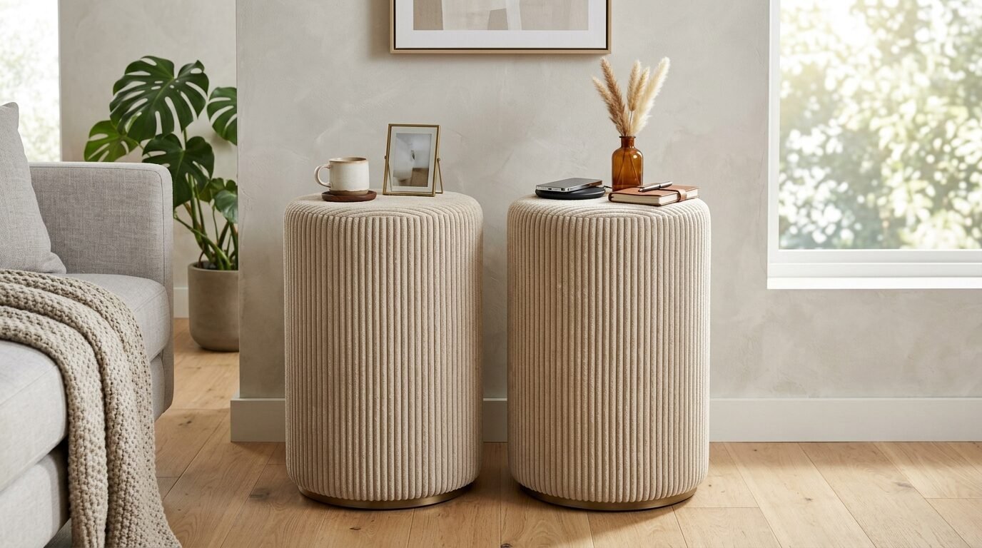 Side by side beige upholstered drum stools with vertical texture placed on a wood floor.