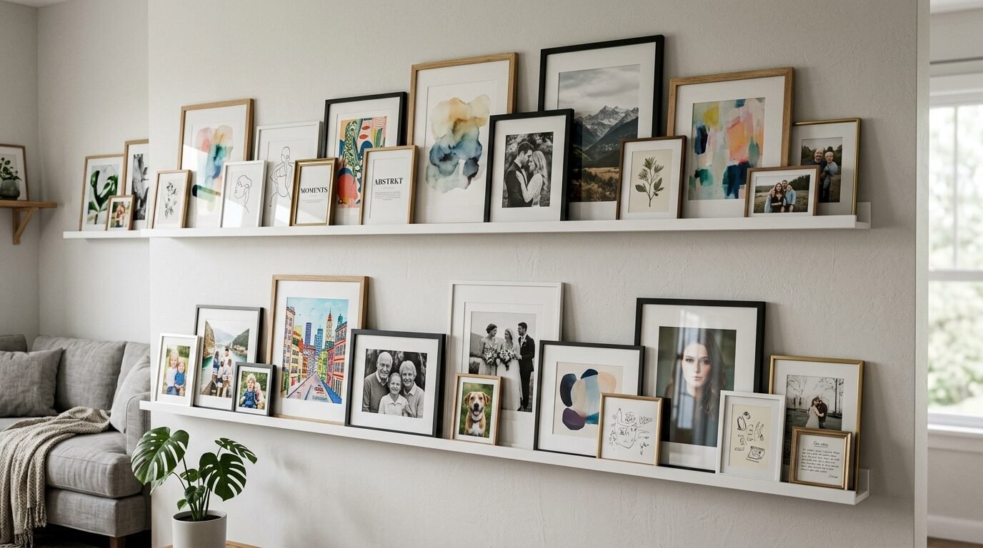 Two long white floating shelves mounted on a wall displaying various framed photos and abstract art prints.