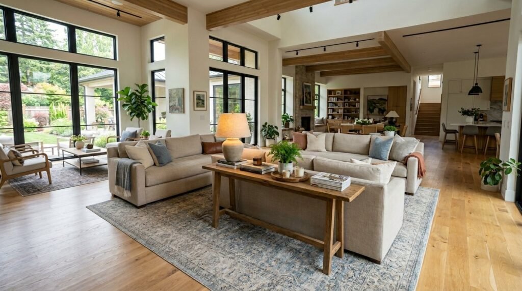 A stylish living room interior showcasing two comfortable sofas positioned back to back.