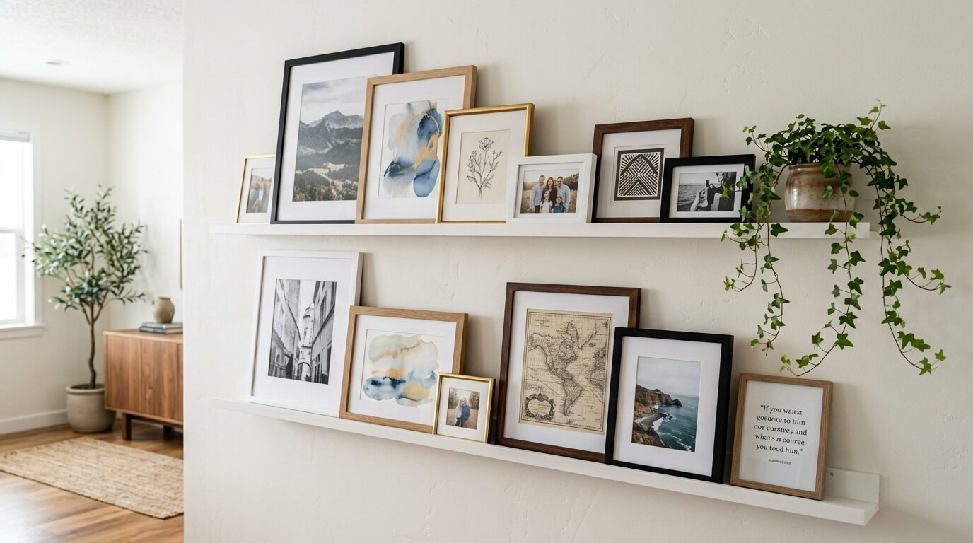 White wall shelves holding assorted framed photos, abstract art prints, a vintage map, and a cascading ivy plant.