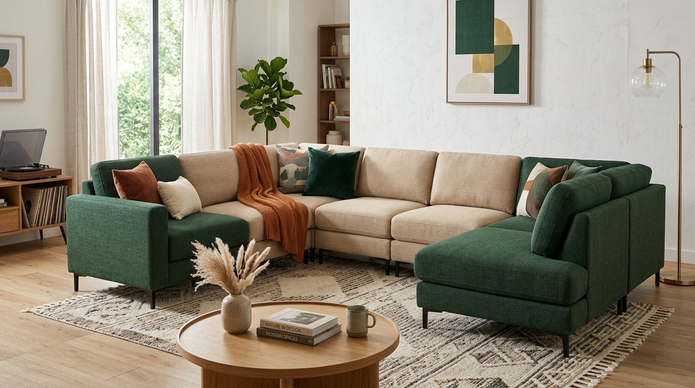 A U-shaped sectional sofa with green and beige cushions, patterned pillows, and a chunky knit throw blanket.