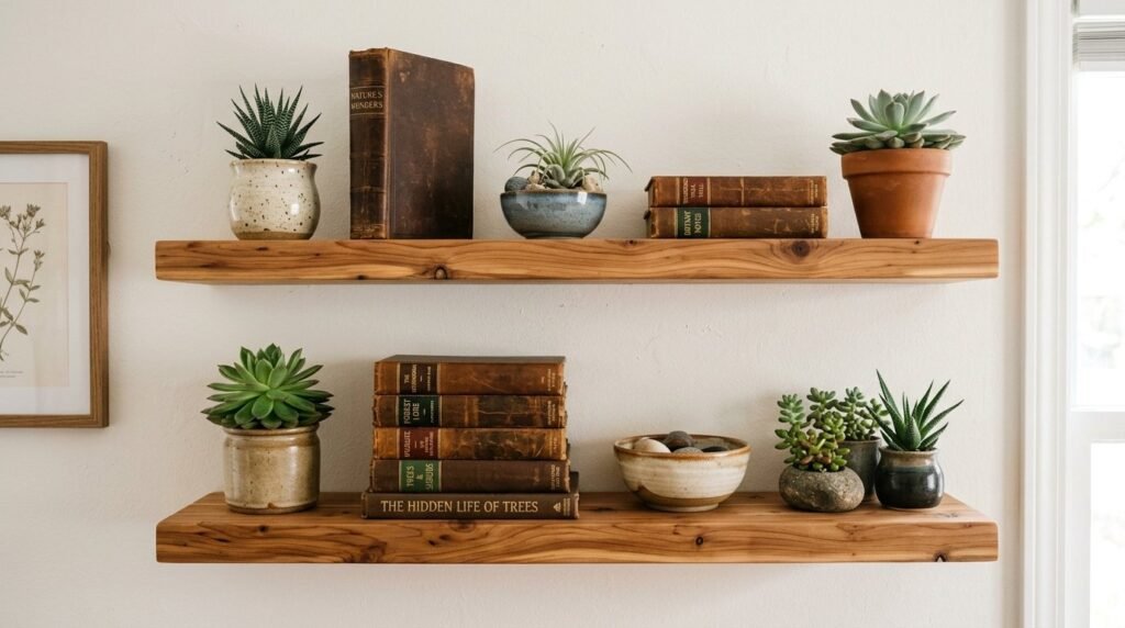 Two mounted wooden shelves displaying various decorative items against a neutral wall background.
