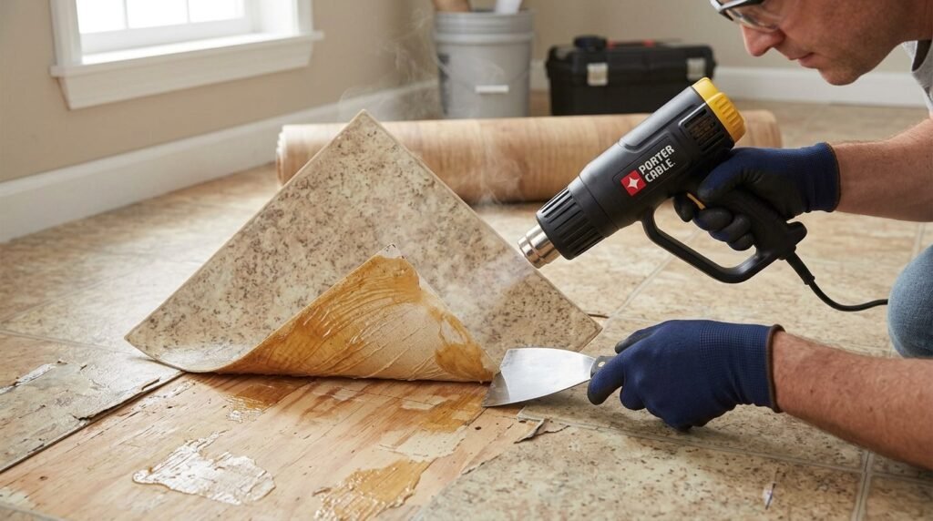 Close up of a heat gun nozzle warming and lifting layers of paint from a surface.