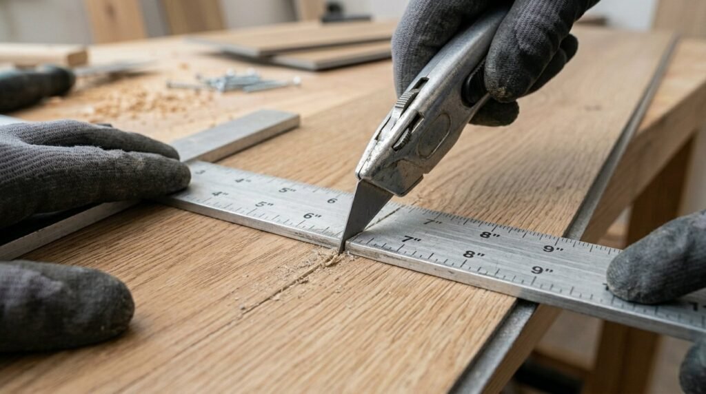Close up of a silver utility knife scoring a line into thick brown cardboard on a workshop table.