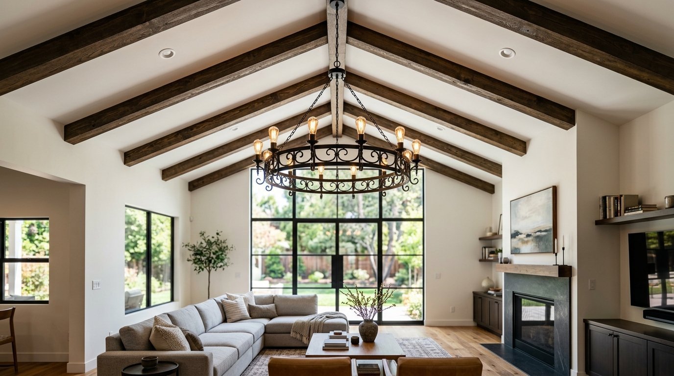 Spacious family room with vaulted ceiling, iron chandelier, sectional couch, and large black grid windows.