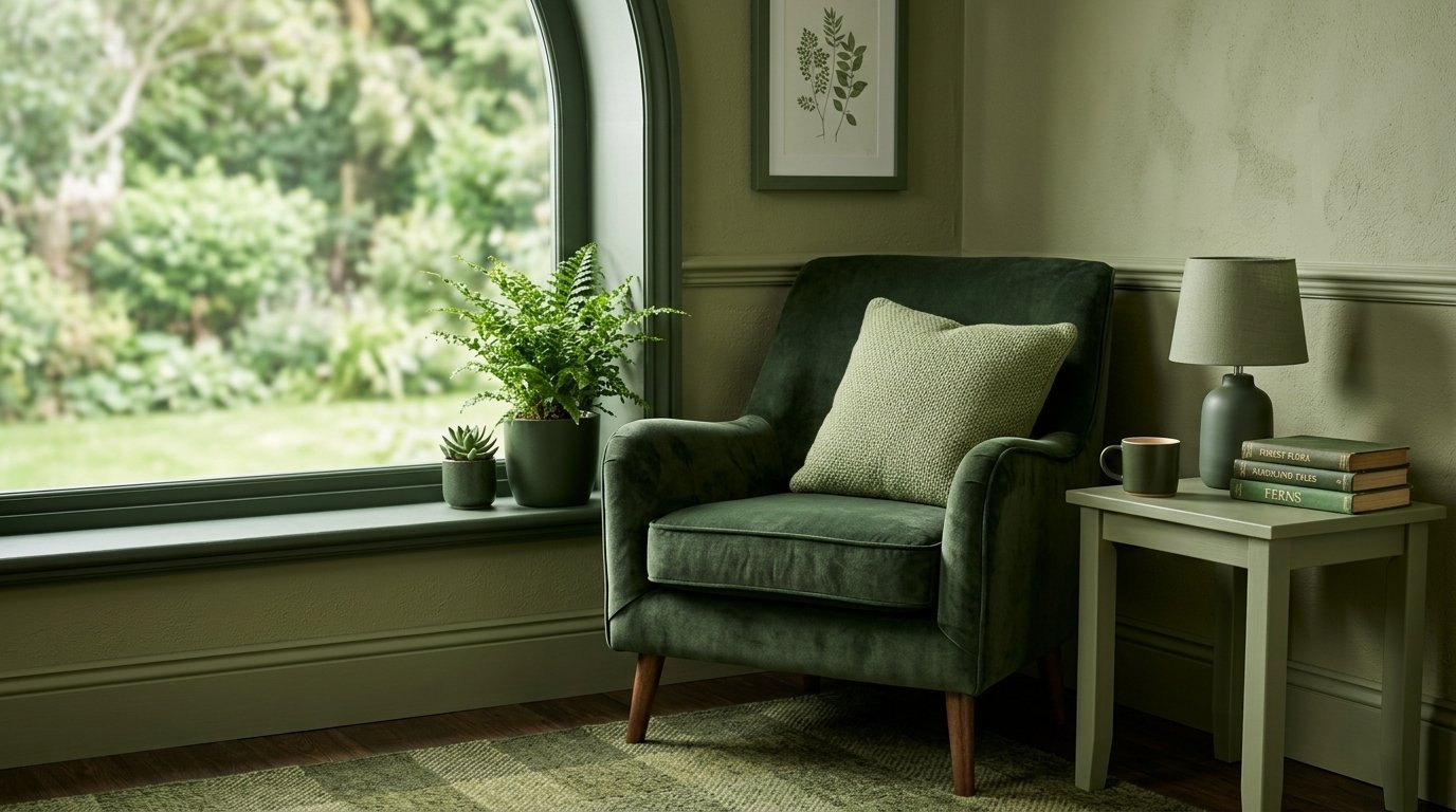 Monochromatic green reading corner featuring a velvet accent chair, a side table with books, and lush indoor plants.