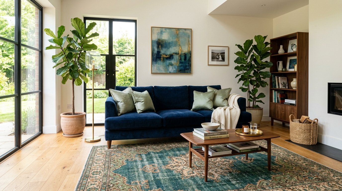 A navy blue velvet sofa in a sunlit living room with hardwood floors, fiddle leaf figs, and a teal area rug.