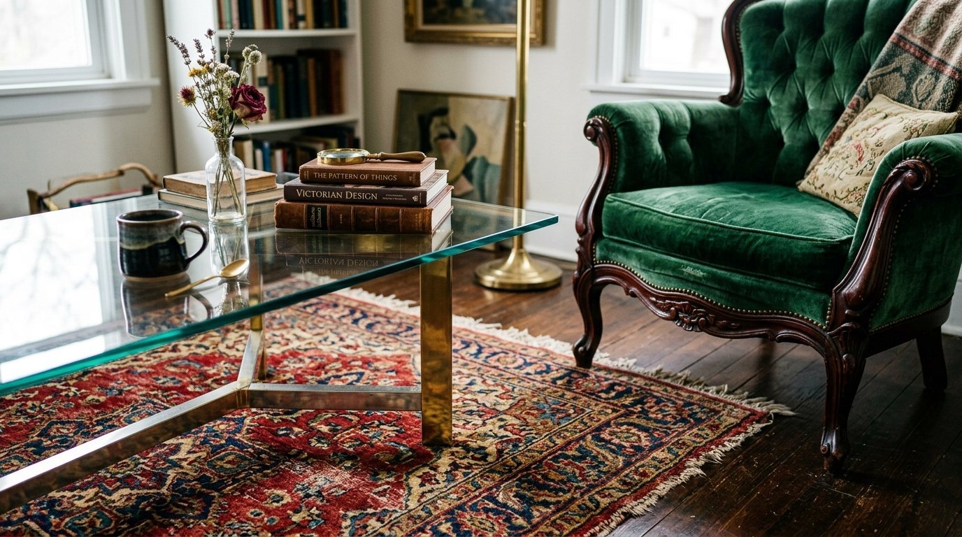 A tufted emerald velvet chair sits on an ornate red rug next to a glass table with books and a floral vase.