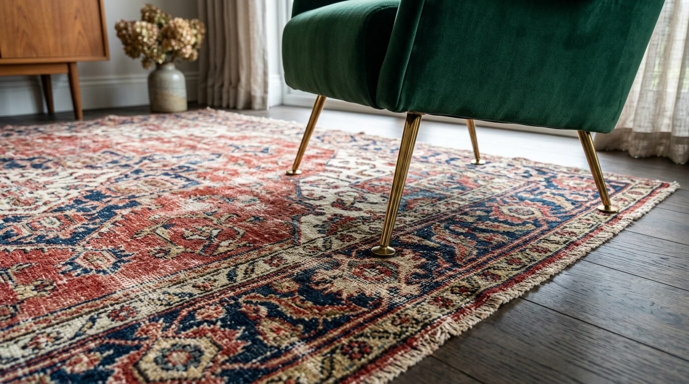 Close-up of a deep green velvet armchair with metallic legs sitting on a red and blue patterned area rug.