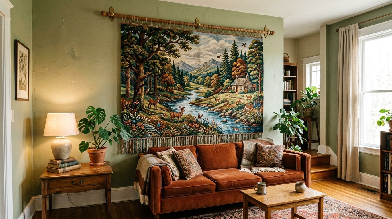 An orange velvet sofa sits beneath a large, colorful tapestry of a forest, river, and stone cottage.