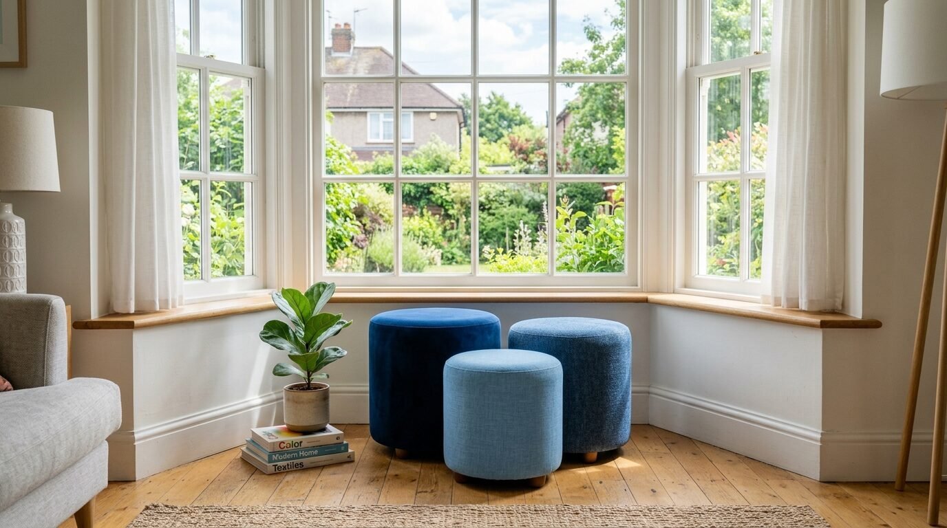 Group of three round blue velvet stools and a small potted plant sitting on a hardwood floor by a window.